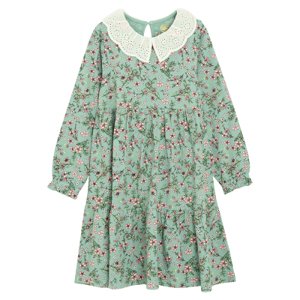 Květinové šaty s dlouhým rukávem a krajkovým límečkem -zelené - 104 GREEN