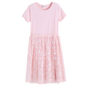 Šaty s krátkým rukávem s tylovou sukní -růžové - 134 SALMON