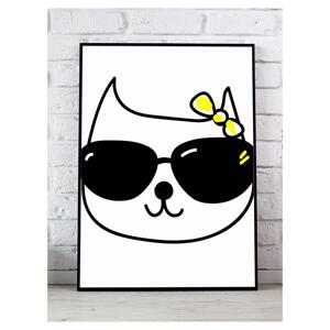 Bíločerný dětský plakát na stěnu - kočka s brýlemi, PP212 A3