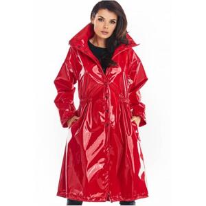 Dlouhá dámská vinylová bunda červené barvy s vysokým límcem, A382 L/XL