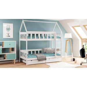 Dětská patrová domečková postel - 200x90 cm, MW155 CHWAT Bílá Jeden na kolečkách Dodatečná odnímatelná bariéra na spodní postel