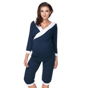 Těhotenské a kojící pyžamo s 3/4 kalhotami s břišním panelem a tričkem s 3/4 rukávem s výstřihem - tmavomodré / bílé, PKB1024 0153 L/XL