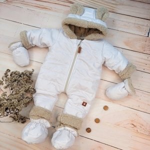 Zimní prošívaná kombinéza s kožíškem a kapucí + rukavičky + botičky, Z&Z - bílá, vel. 68 (3-6m)
