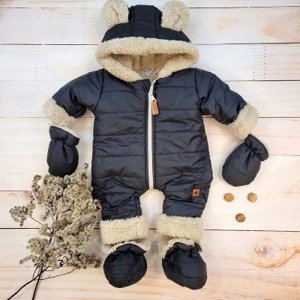 Zimní prošívaná kombinéza s kožíškem a kapucí + rukavičky + botičky, Z&Z - černá, vel. 74 (6-9m)