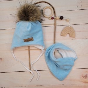 Zimní dvouvrstvá čepice na zavazování s bambulí z kožešinky + šátek Z&Z, modrá, vel. 56-62 (0-3m)