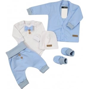 Bavlněná sada, body, kalhoty, motýlek a čepice Elegant Boy 5D, Kazum, modrá/bílá, vel. 68 (3-6m)