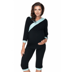 Be MaaMaa Těhotenské, kojící pyžamo 3/4 - černé, zelené lemování, vel. L/XL