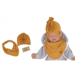 Z&Z Stylová dětská jarní/podzimní bavlněná čepice, turban s šátkem, medová, vel. 56-68 (0-6 m)