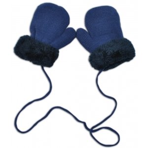 Zimní kojenecké rukavičky s kožíškem - se šňůrkou YO - jeans/granátový kožíšek, vel. 80-92 (12-24m)