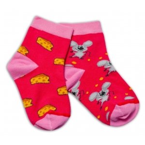 Baby Nellys Bavlněné veselé ponožky Myška a sýr - tmavě růžová, vel. 92-98 (18-36m)