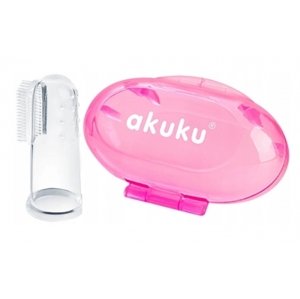 Zubní kartáček pro miminka, silikonový s pouzdrem - růžový, Akuku