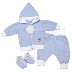 Baby Nellys 3-dílná souprava Hand made, pletený kabátek, kalhoty a botičky, modrá, vel. 56 (1-2m)