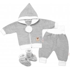 Baby Nellys 3-dílná souprava Hand made, pletený kabátek, kalhoty a botičky, šedá, vel. 56 (1-2m)