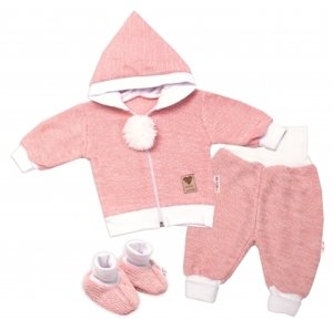 Baby Nellys 3-dílná souprava Hand made, pletený kabátek, kalhoty a botičky, růžová, vel. 62 (2-3m)