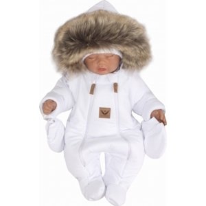 Z&Z Zimní kombinéza s dvojitým zipem, kapucí a kožešinou + rukavičky, Angel - bílá, vel. 80 (9-12m)