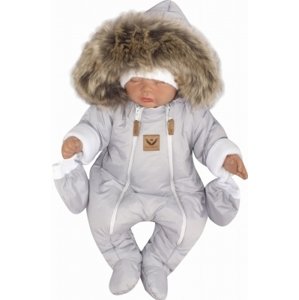 Z&Z Zimní kombinéza s dvojitým zipem, kapucí a kožešinou + rukavičky, Angel - šedý, vel. 80 (9-12m)