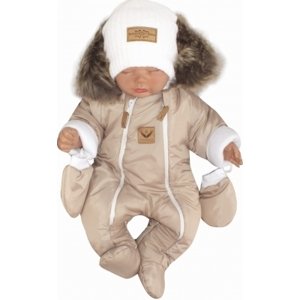 Z&Z Zimní kombinéza s dvojitým zipem, kapucí a kožešinou + rukavičky, Angel - béžový, vel. 56 (1-2m)