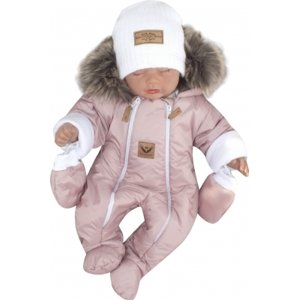 Z&Z Zimní kombinéza s dvojitým zipem, kapucí a kožešinou + rukavičky, Angel - pudrový, vel. 68 (3-6m)