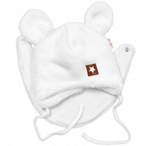 Baby Nellys Pletená zimní čepice s kožíškem a šátkem Star, bílá, vel. 56-62 (0-3m)