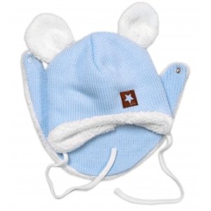 Baby Nellys Pletená zimní čepice s kožíškem a šátkem Star, modrá, vel. 56-62 (0-3m)