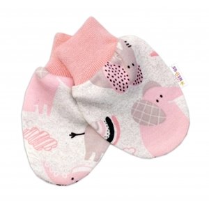 Baby Nellys Bavlněné kojenecké rukavičky Sloníci - růžový lem, vel. 56-62 (0-3m)