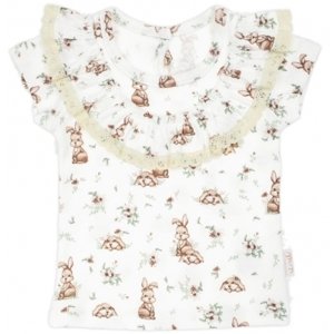 Tričko bavlna, krátký rukáv s volánky, Nicol, Bunny - krémové, vel. 110 (4-5r)