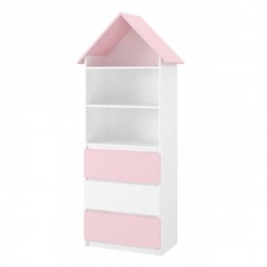 Dřevěná knihovna/skříň na hračky Nellys Domeček A3, bílá/růžová