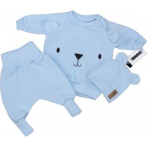 Pletená kojenecká sada 3D Medvídek, svetřík, tepláčky + čepička Kazum, modrá, vel. 80 (9-12m)