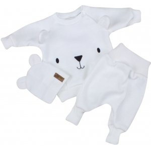 Pletená kojenecká sada 3D Medvídek, svetřík, tepláčky + čepička Kazum, bílá, vel. 56 (1-2m)