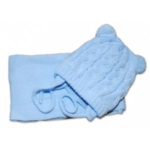 Zimní pletená kojenecká čepička s šálou TEDDY - modrá s bambulkami, vel. 62/68, vel. 62-68 (3-6m)