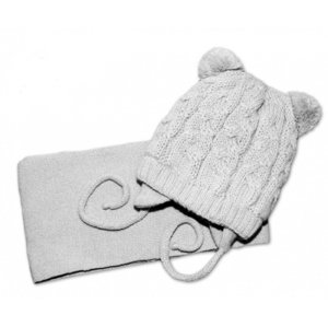 Zimní pletená kojenecká čepička s šálou TEDDY - šedá s bambulkami, vel. 62/68, vel. 62-68 (3-6m)
