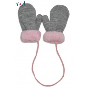 Zimní kojenecké rukavičky s kožíškem - se šňůrkou YO - šedé/růžový kožíšek, vel. 98-104 (2-4r)