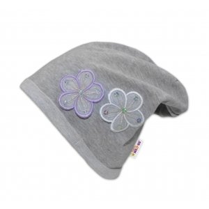 Bavlněná čepička Květinky Baby Nellys ® - šedé/fialové květinky, vel. 80-98 (9-36m)